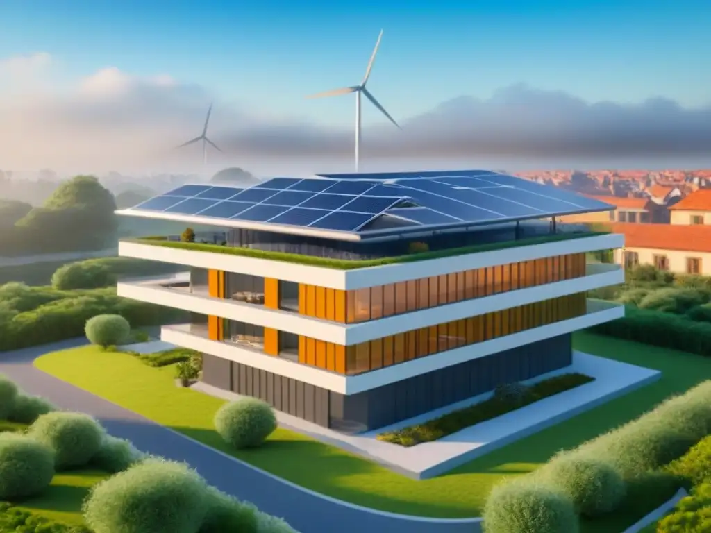 Construcción eco-sostenible con impresora 3D Construcción sostenible con impresión 3D: Edificio ecoamigable con jardín en azotea, paneles solares y turbinas eólicas