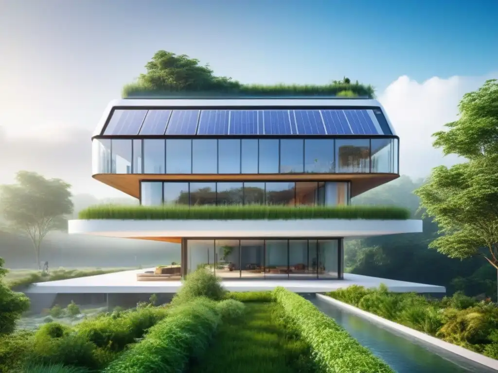 Edificio sostenible futurista: diseño eco con LEED y BREEAM Construcción sostenible: LEED y BREEAM en edificio futurista integrado con naturaleza y tecnología verde