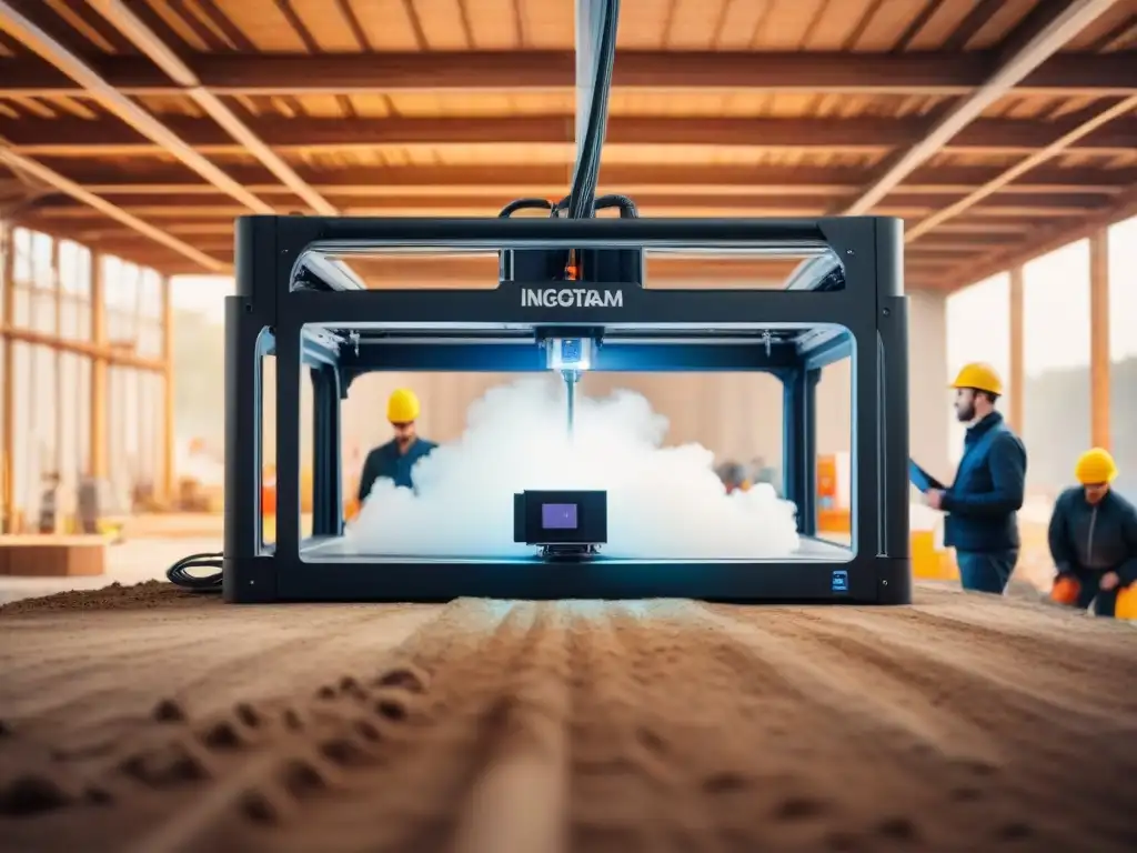 Revolutionary 3D printer construyendo arquitectura sostenible Construcción sostenible con impresión 3D: Escena panorámica de innovación y trabajo en equipo en un sitio de construcción vanguardista