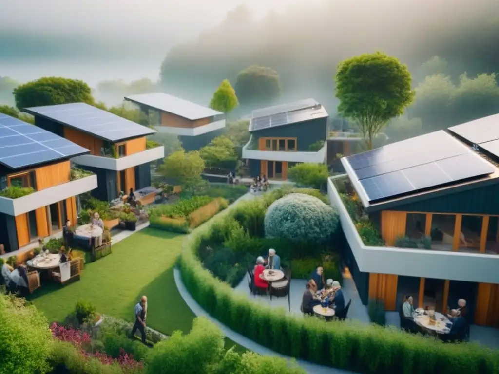 Comunidad eco-sostenible: armonía entre modernidad y naturaleza Inversión en cohousing sostenible internacional: Comunidad ecológica con arquitectura moderna, residentes disfrutando de actividades sostenibles