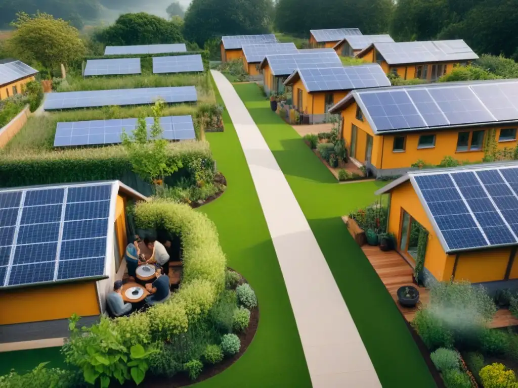 Comunidad sostenible: arquitectura moderna y convivencia en armonía Inversión en cohousing sostenible internacional: Comunidad ecoamigable con diversidad de residentes disfrutando de actividades al aire libre