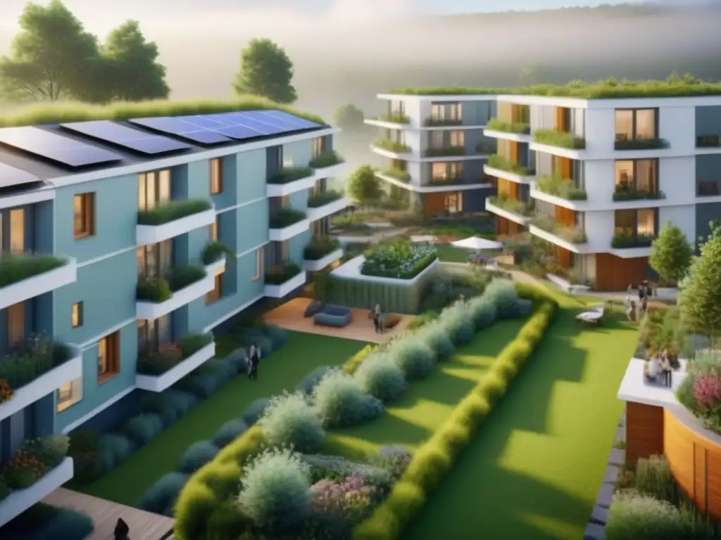Comunidad sostenible: arquitectura futurista e innovación Inversión en cohousing sostenible internacional: Comunidad ecofriendly futurista con residentes disfrutando de actividades sostenibles