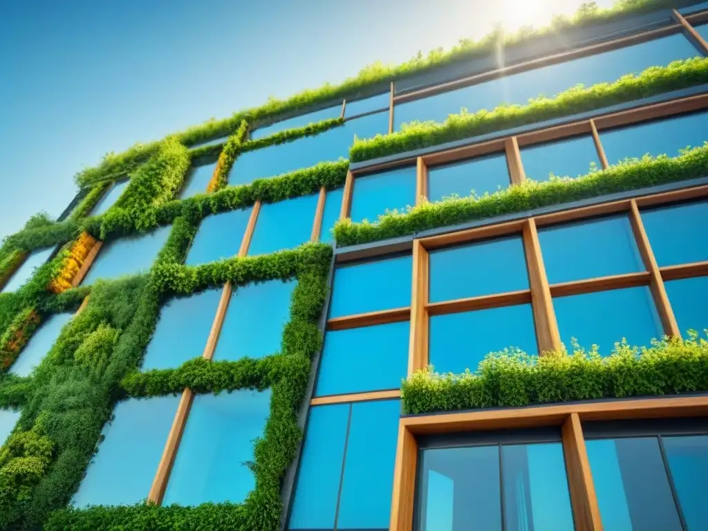 Edificio sustentable futurista con detalles ecoamigables Construcción sostenible para inversores internacionales: edificio futurista con innovadoras características ecoamigables y naturaleza integrada