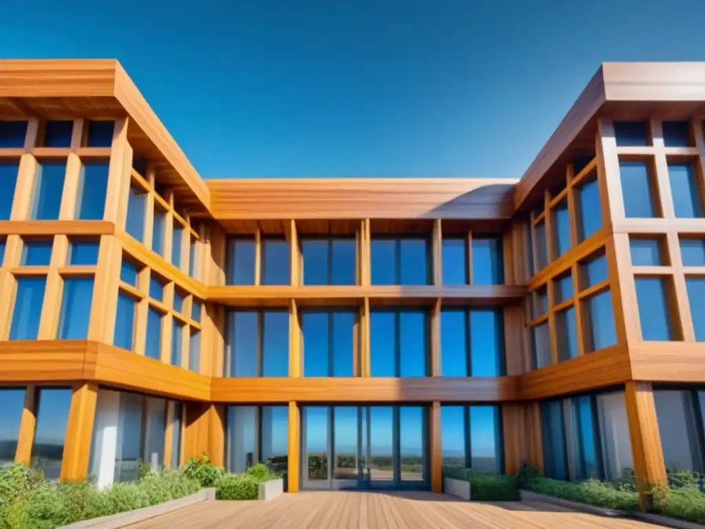 Edificio sostenible de madera: innovación arquitectónica eco-amigable Construcción sostenible de madera con innovaciones arquitectónicas y vegetación integrada, bajo un cielo azul claro