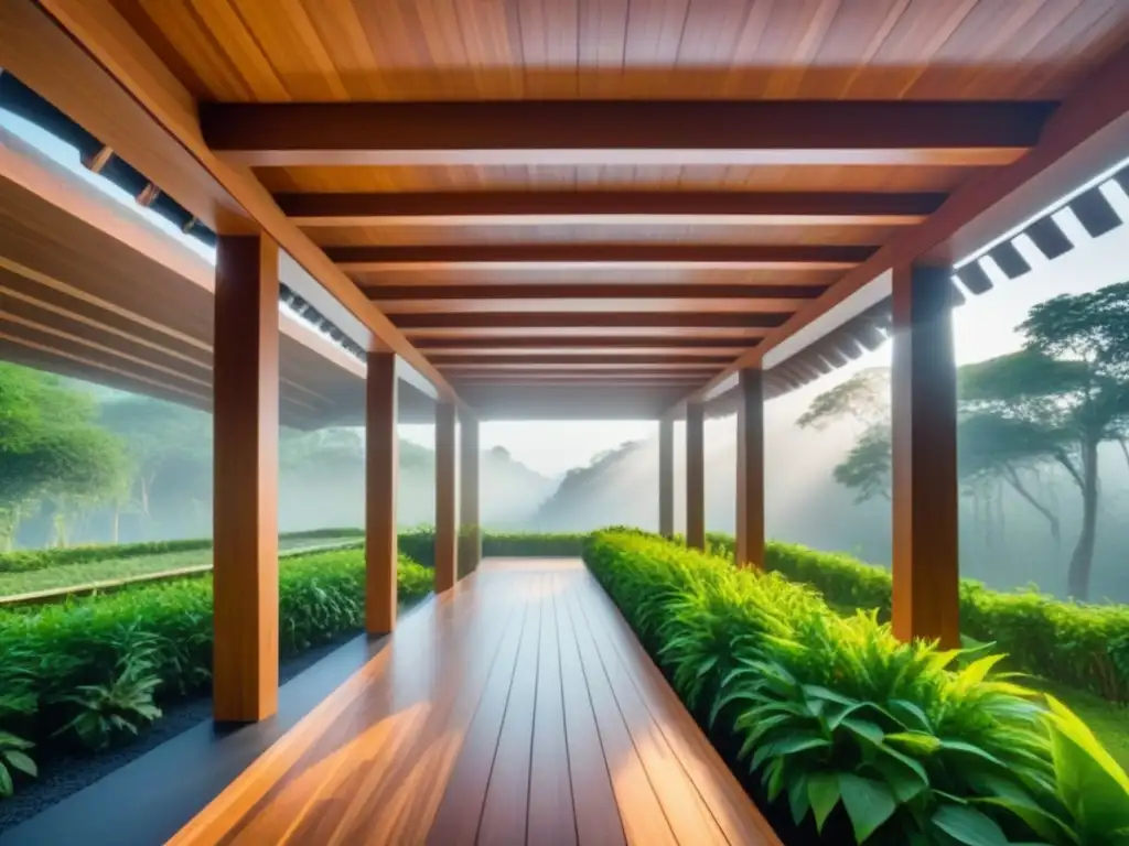 Estructura arquitectónica innovadora de madera sostenible en 8k Construcción sostenible de madera innovadora en medio de exuberante vegetación, bañada por cálida luz solar