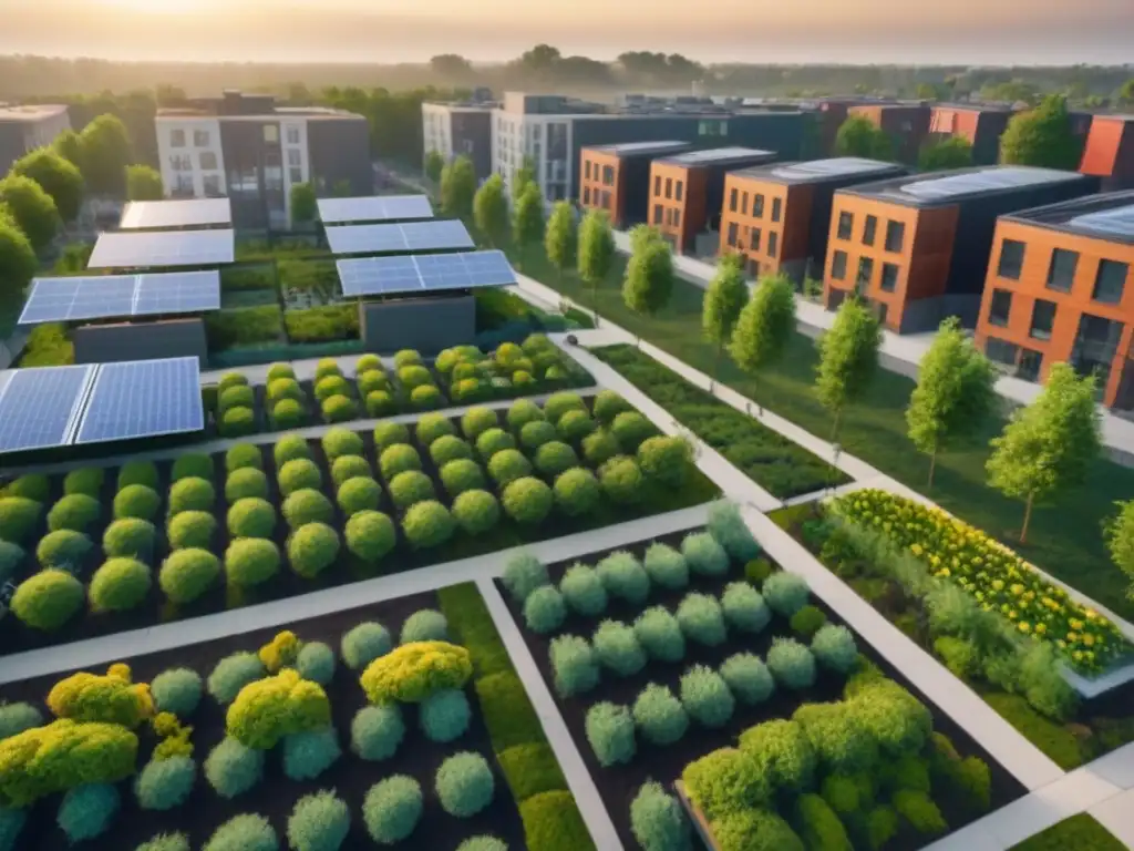 Urbanismo sostenible: armonía verde al atardecer Inversión sostenible mercado inmobiliario: Atardecer en desarrollo urbano verde con techos verdes, paneles solares y comunidad activa