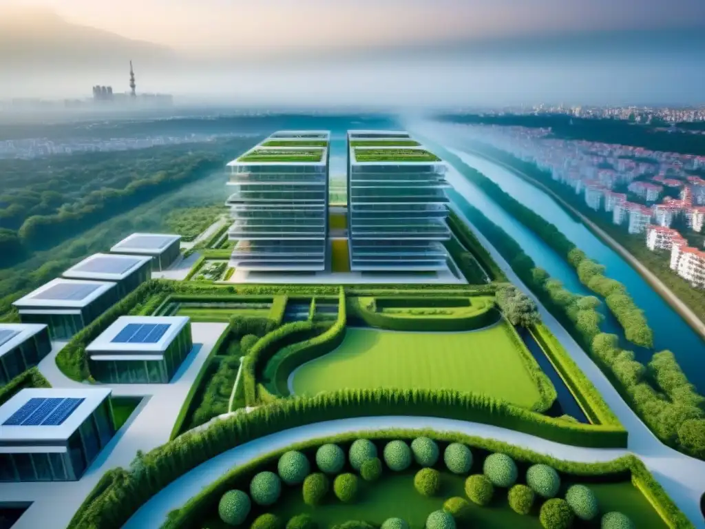 Complejo sostenible: arquitectura innovadora y naturaleza en armonía Inversión sostenible en el mercado inmobiliario: Edificio moderno integrado con naturaleza y energía renovable, reflejo de urbanismo sostenible