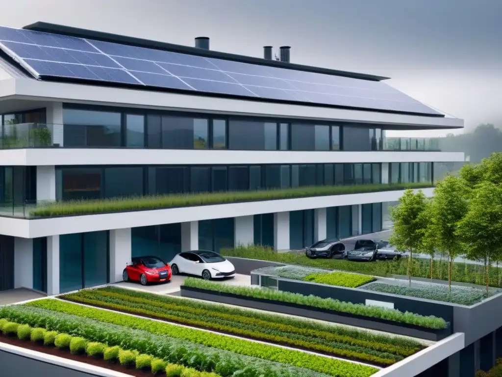 Edificio residencial moderno y sostenible con diseño ecoamigable Inversión sostenible en el mercado inmobiliario: Edificio moderno rodeado de vegetación, paneles solares, estación de reciclaje y cargadores para autos eléctricos