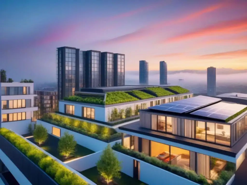 Arquitectura sostenible: modernidad y naturaleza en la ciudad Inversión sostenible en el mercado inmobiliario: Edificio moderno con paneles solares y techos verdes, en una vibrante ciudad al atardecer