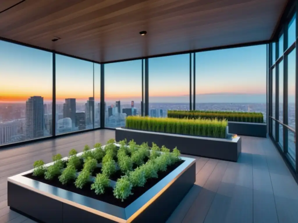 Edificio sostenible: lujo moderno con diseño eco-friendly Inversión sostenible en el mercado inmobiliario: Edificio moderno con diseño ecofriendly y ciudad al atardecer reflejada en sus cristales