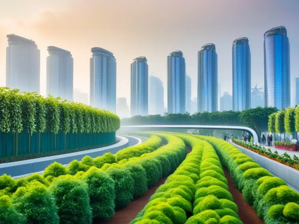 Metrópolis sostenible: rascacielos ecoamigables y naturaleza urbana Inversión sostenible mercado inmobiliario: Ciudad futurista con rascacielos ecológicos, jardines en azoteas y energía renovable