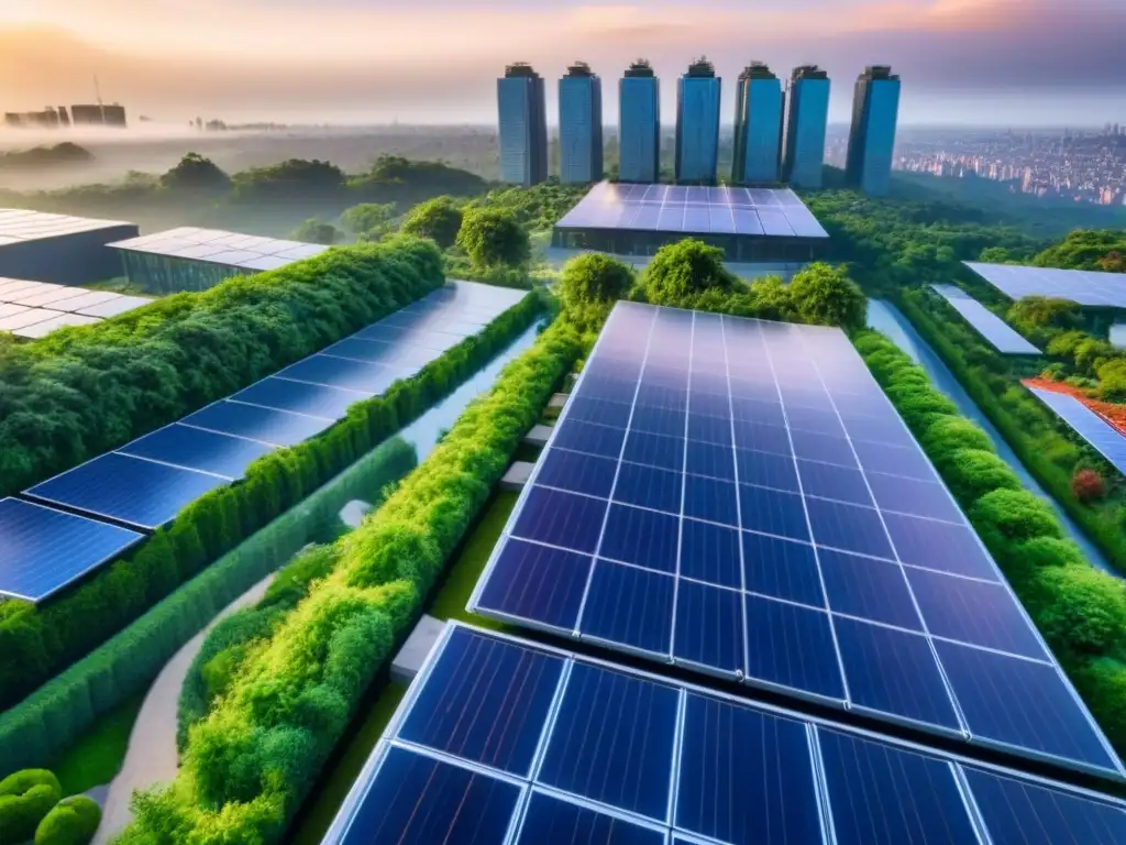 Rascacielos sostenible en armonía con la naturaleza urbana Inversión sostenible en el mercado inmobiliario global: Un rascacielos moderno rodeado de vegetación, paneles solares y ventanas reflejando el cielo azul en medio de la ciudad