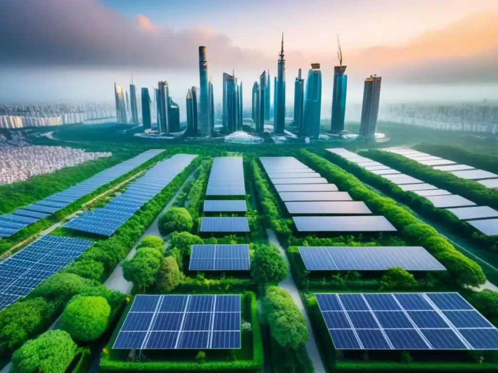 Cityscape futurista y sostenible: arquitectura eco en el mundo inmobiliario Inversión sostenible en el mercado inmobiliario global: Ciudad futurista ecoamigable con rascacielos y paneles solares