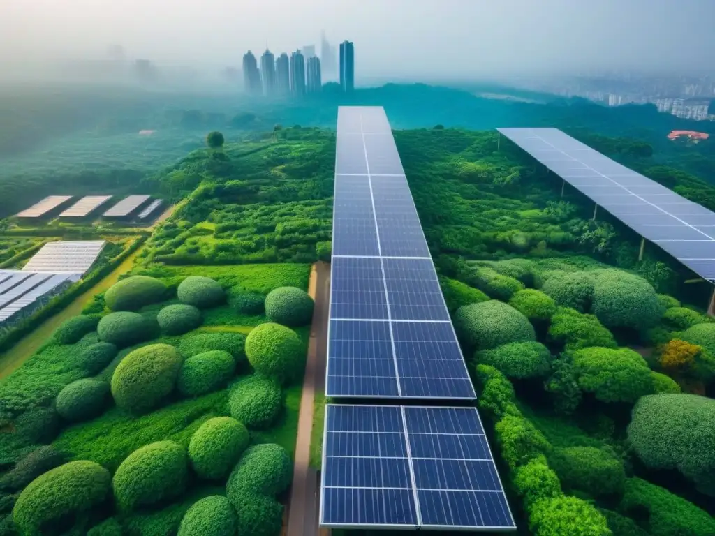 Espectacular rascacielos sostenible en armonía con la ciudad Inversión sostenible en mercado inmobiliario global: rascacielos ecológico rodeado de naturaleza, con paneles solares brillantes en la azotea
