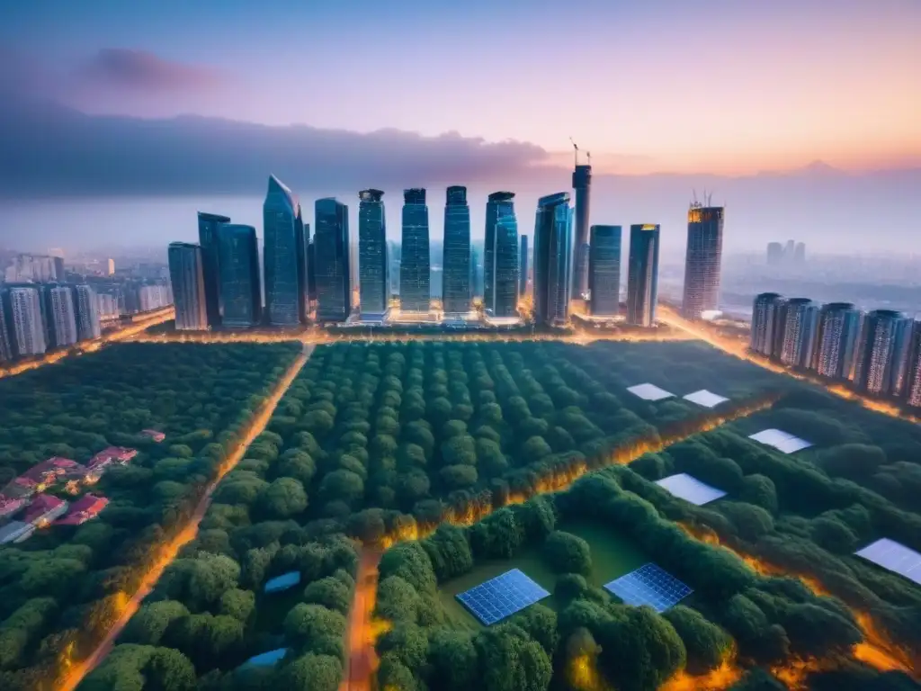 Horizonte sostenible: luces LED en ciudad moderna al atardecer Inversión sostenible en el mercado inmobiliario global: Ciudad moderna iluminada con luces LED, rodeada de naturaleza y paneles solares al atardecer