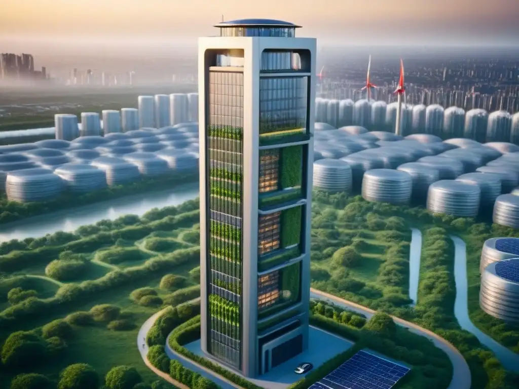 Rascacielos sostenible: edificio futurista rodeado de tecnología verde Inversión sostenible en el mercado inmobiliario internacional: rascacielos futurista de materiales ecológicos con vegetación en espiral