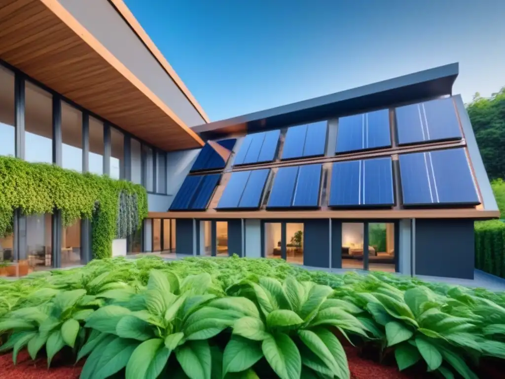 Edificio sostenible: moderno diseño eco amigable Edificación sostenible mercado inmobiliario: Moderna construcción integrada con la naturaleza, lleno de plantas y paneles solares