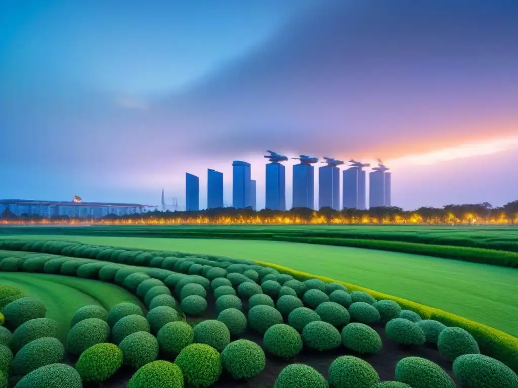 Metrópolis sostenible: armonía entre modernidad y ecoamigabilidad Inversión sostenible normativas ambientales: Ciudad futurista ecoamigable con energía renovable y parque verde vibrante