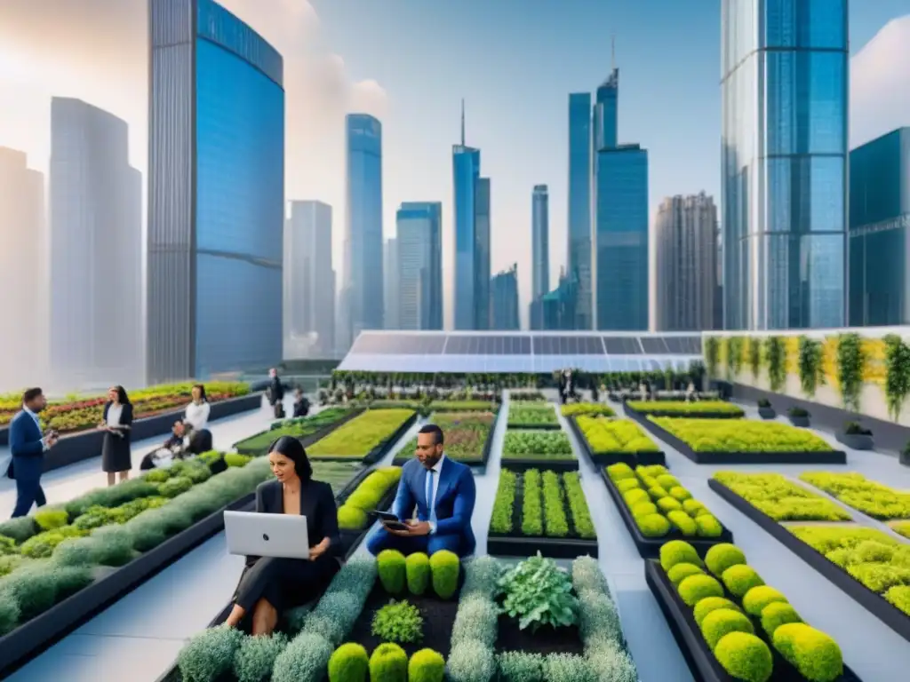 Inversiones sostenibles: skylines verdes y negocios rentables Inversión sostenible y normativas ambientales: Ciudad moderna con rascacielos verdes y profesionales colaborando en estrategias