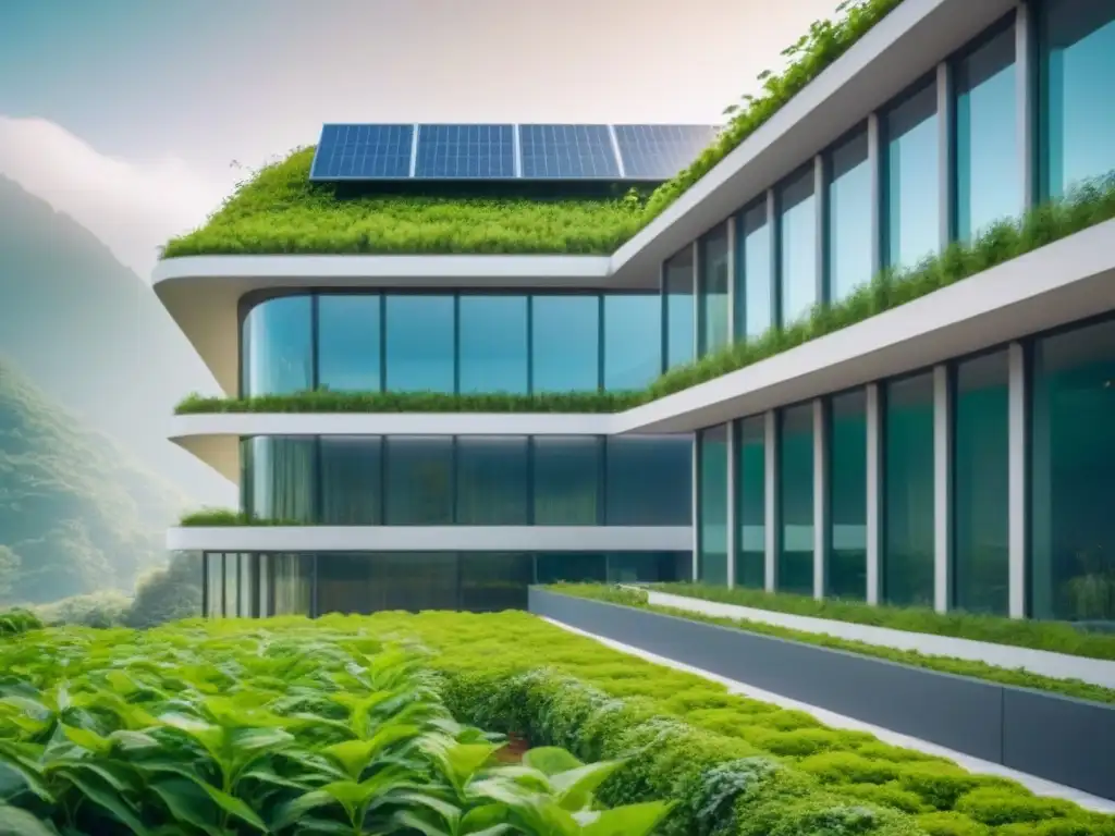 Edificio verde futurista: innovación y sostenibilidad en construcción Edificación sostenible con paneles solares, plantas y grandes ventanales