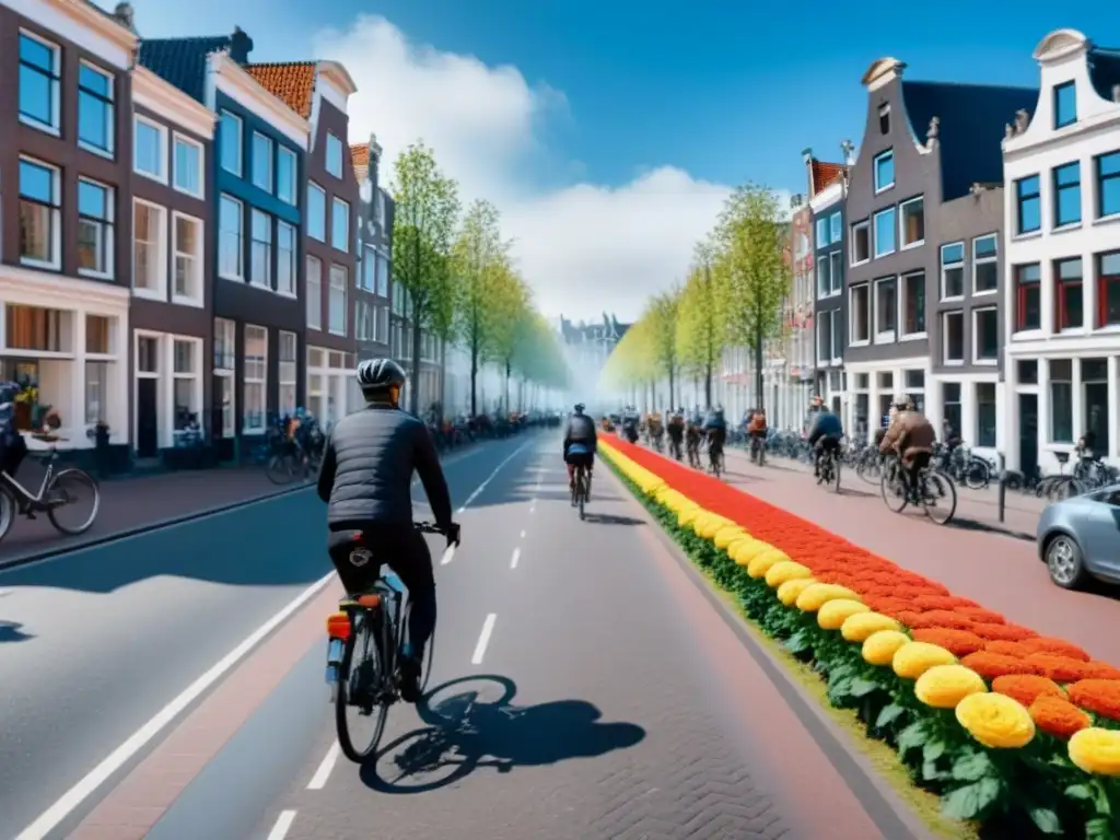 Calles de Ámsterdam: sostenibilidad urbana y ciclistas en acción Planificación urbana sostenible en Ámsterdam: calle vibrante llena de ciclistas, flores y arquitectura holandesa bajo cielo azul