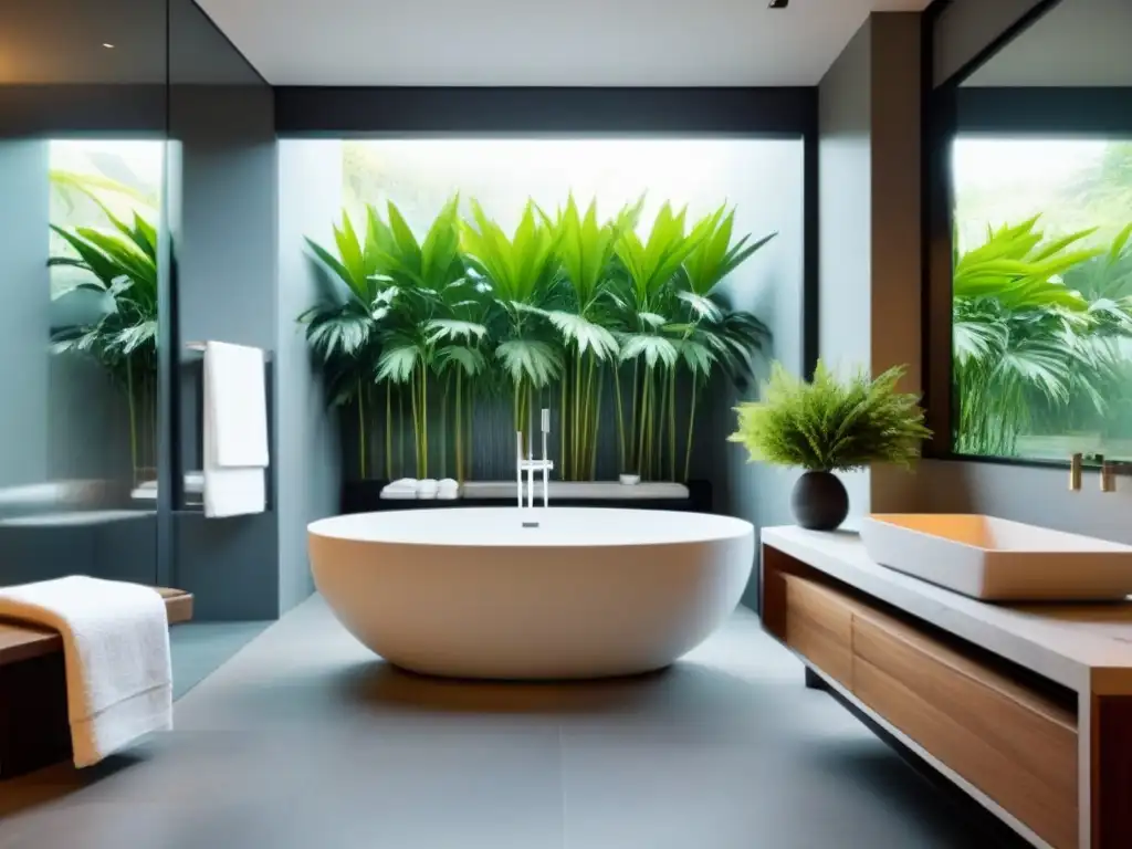 Baño spa de lujo con bañera y ducha de diseño moderno Baño de spa lujoso y moderno en propiedad compartida, con elegantes detalles de mármol y toallas blancas en banco de teca