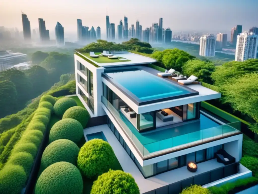 Espléndido rascacielos moderno rodeado de vegetación exuberante y una vista panorámica de la ciudad Storytelling estrategia marketing vender propiedades: Vista aérea de un lujoso edificio rodeado de vegetación, con diseño moderno y vistas a la ciudad