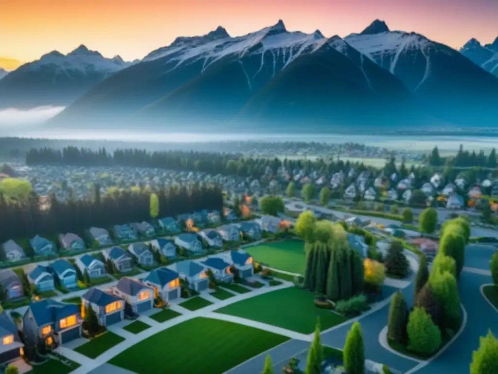 Inversión inmobiliaria: suburbio canadiense al atardecer Invertir en suburbios de Canadá: Un idílico atardecer en un suburbio canadiense con casas perfectas, parques y niños jugando