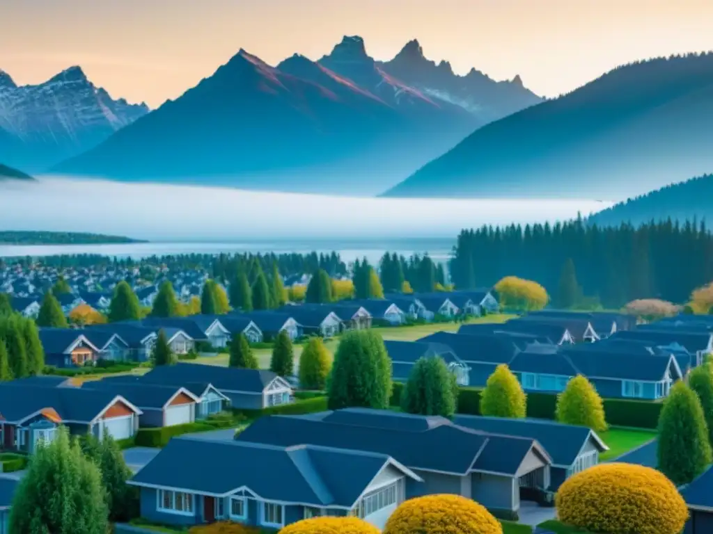 Vecindario residencial moderno en Canadá: lujo y serenidad Invertir en suburbios de Canadá: Barrio residencial moderno con casas elegantes, calles arboladas y lago sereno al fondo