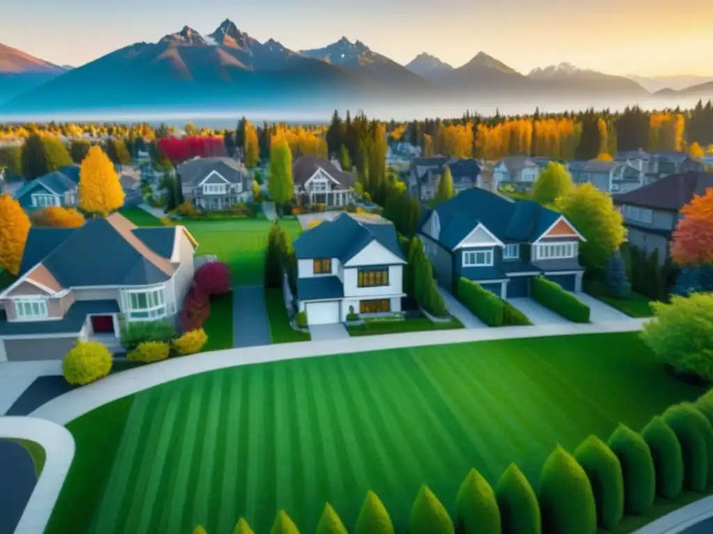 Vecindario suburbano de lujo en Canadá: otoño vibrante y prosperidad Invierte en suburbios de Canadá: vecindario moderno con casas lujosas, jardines verdes y niños jugando en un entorno idílico al atardecer