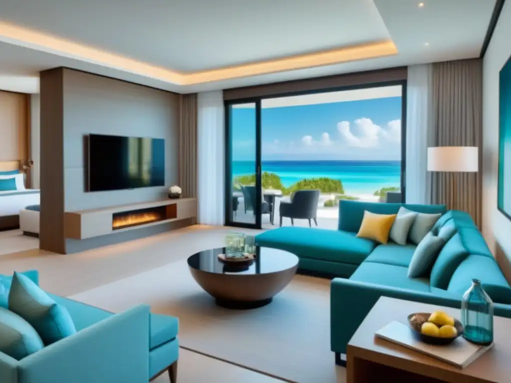 Suite familiar de lujo en resort: sofisticación y confort frente al mar Suite familiar lujosa en resort de tiempo compartido de lujo con vista a la playa y aguas turquesas