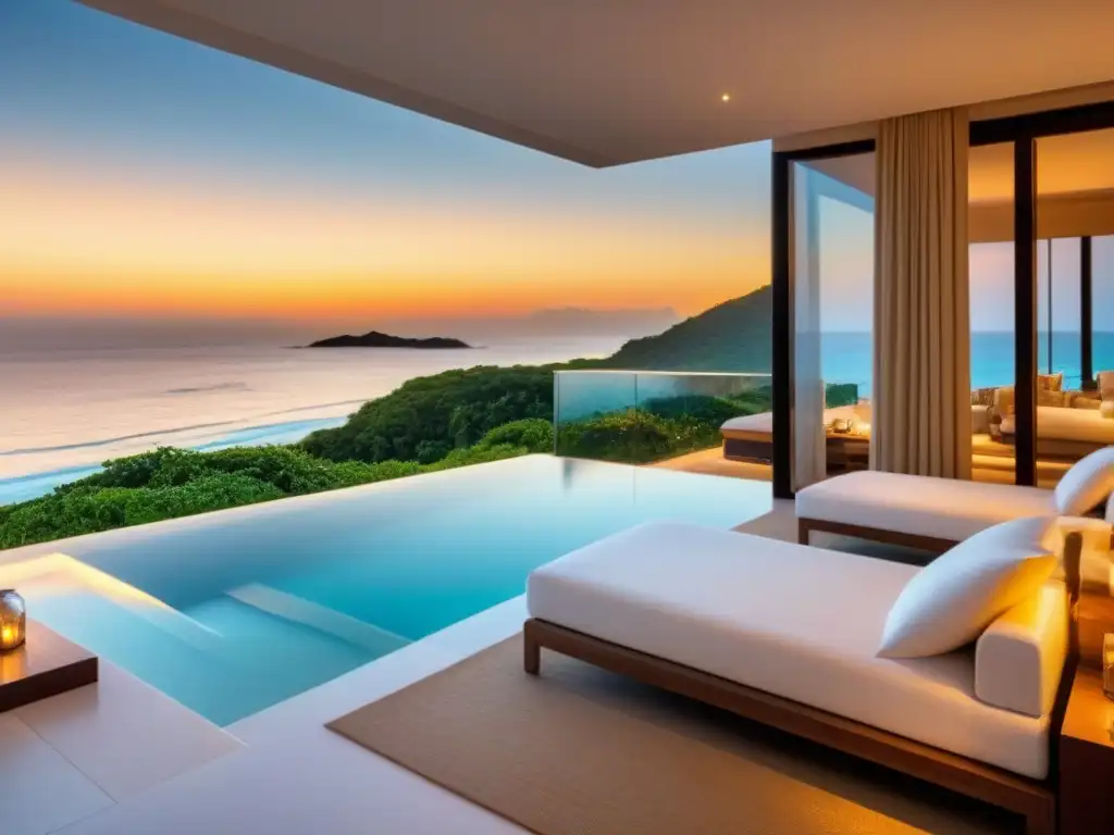 Suite de lujo frente al mar al atardecer: moderna elegancia en paraíso Suite de lujo en resort de tiempo compartido con vista a la playa al atardecer