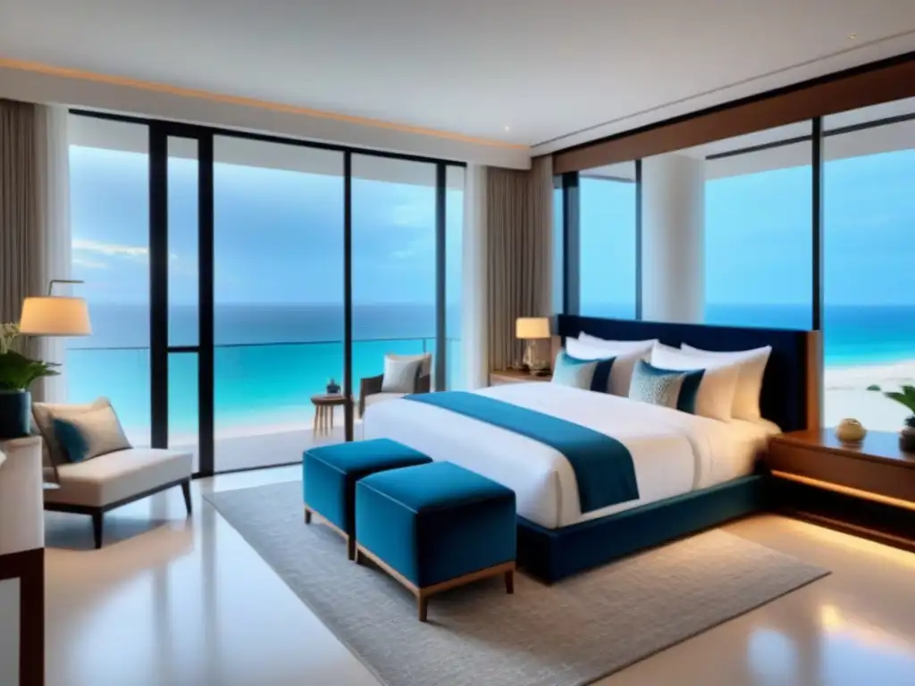 Suite de lujo frente a la playa: vista panorámica y elegancia moderna Suite de resort de lujo con decoración interior elegante y vista a la playa