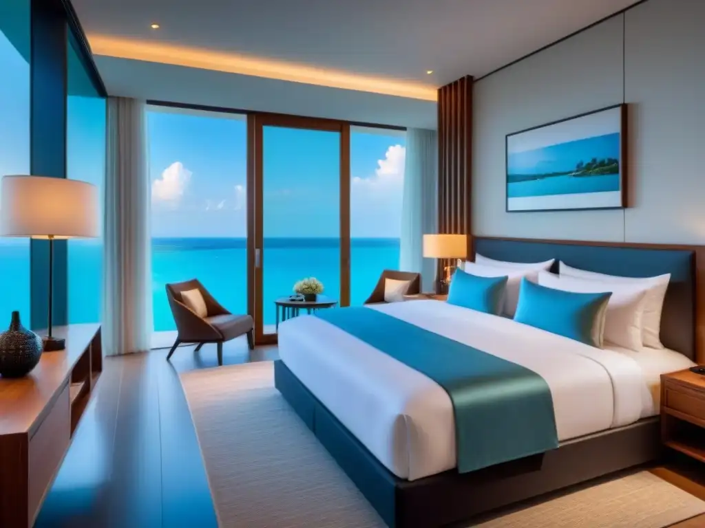 Suite de lujo con vistas al mar: decoración moderna y elegante Suite de resort lujoso con vista al mar, decoración moderna y balcón privado