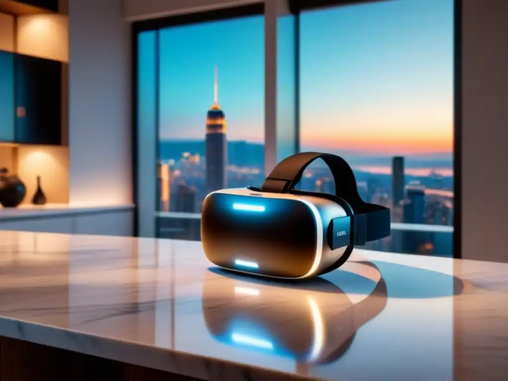 Realidad virtual de lujo: experiencias inmersivas en arquitectura Sumérgete en el diseño 3D experiencias inmersivas de lujo en un moderno visor de realidad virtual sobre una encimera de mármol