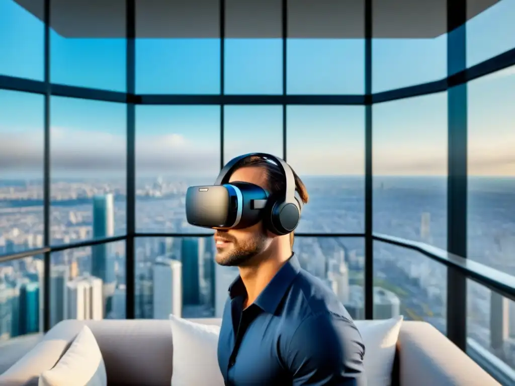 Realidad virtual inmersiva en penthouse de lujo Sumérgete en la Realidad Virtual Sector Inmobiliario con un lujoso apartamento y un moderno visor de VR