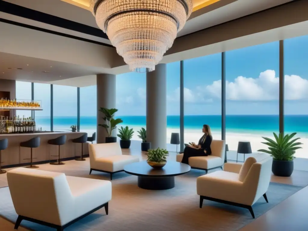 Resort de lujo con tecnología AI y arte contemporáneo Sumérgete en la sofisticación y tecnología de un lujoso lobby de resort vacacional con IA en mercado inmobiliario