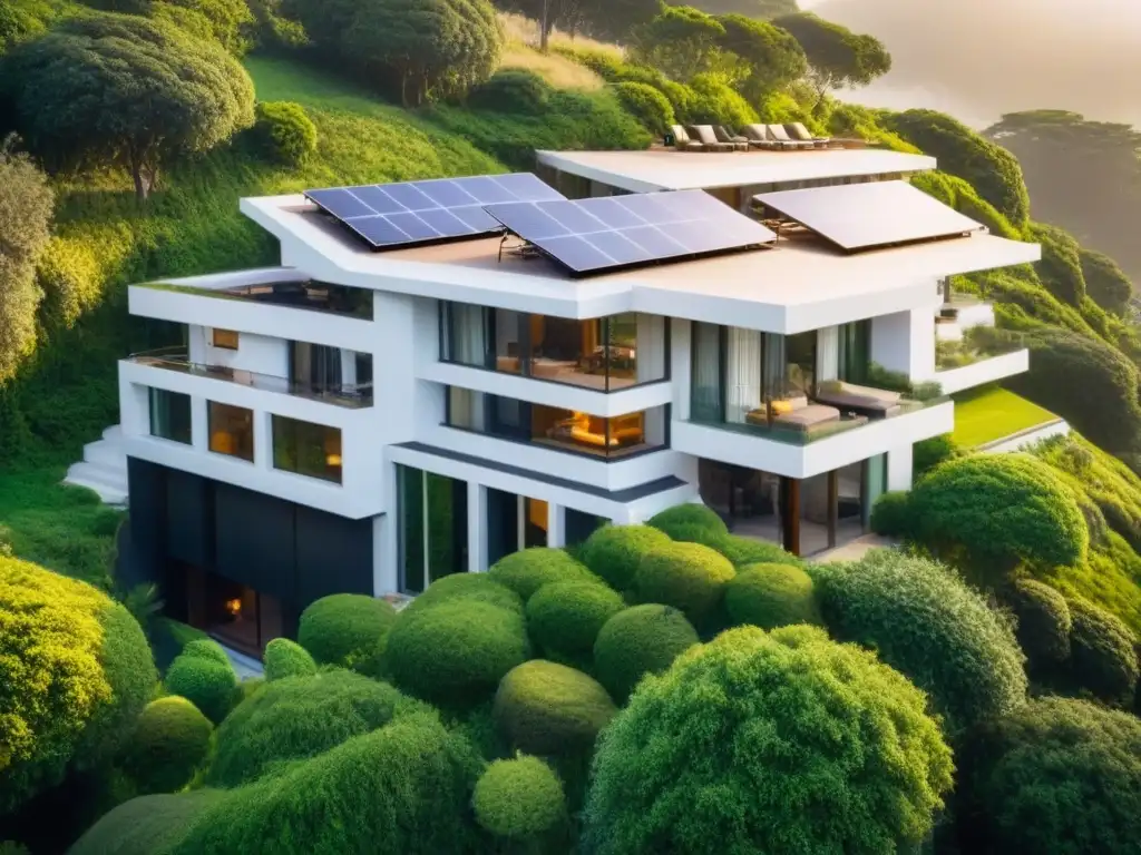 Mansión moderna ecofriendly en entorno natural Suntuosa mansión moderna rodeada de vegetación, con paneles solares y diseño sostenible