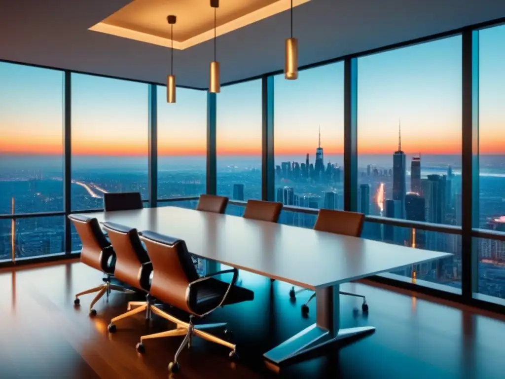 Salón de juntas de lujo con vista panorámica al anochecer Suntuosa sala de juntas moderna con vista a la ciudad al atardecer, mobiliario elegante y arte abstracto iluminado