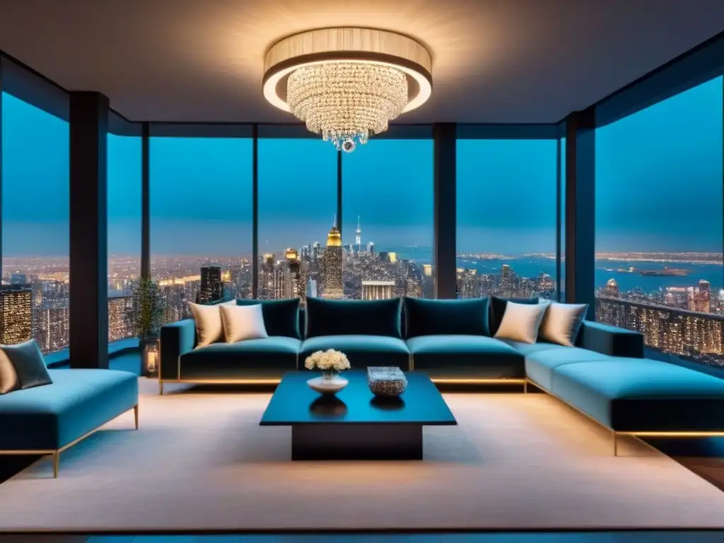 Salón de lujo en penthouse con vista nocturna a la ciudad Suntuoso salón de penthouse moderno con vista nocturna a la ciudad y diseño de lujo, ideal para tasas de interés financiar propiedades lujo