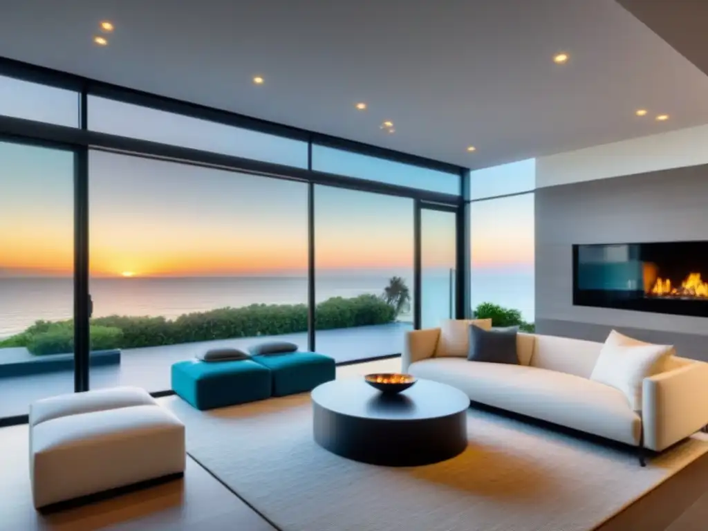 Salón de lujo vacacional: vista al mar, elegancia y confort Suntuoso salón de alquiler vacacional con decoración elegante y vista al mar