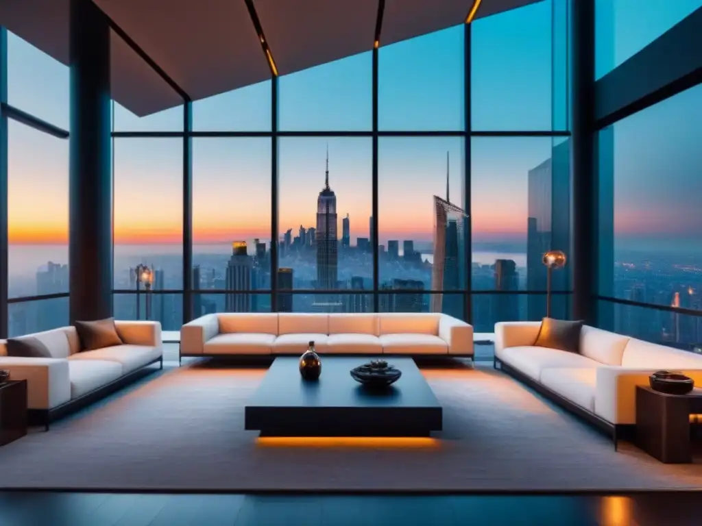 Suntuoso salón moderno con iluminación en arquitectura de lujo y vista urbana al atardecer