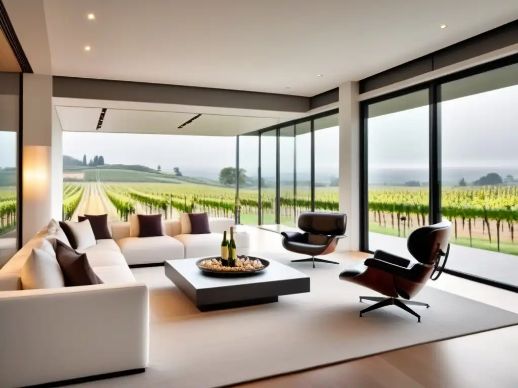 Salón de lujo con bodega integrada y vista a viñedo Suntuoso salón moderno con bodega de vinos integrada, elegante inversión en vino mercado inmobiliario