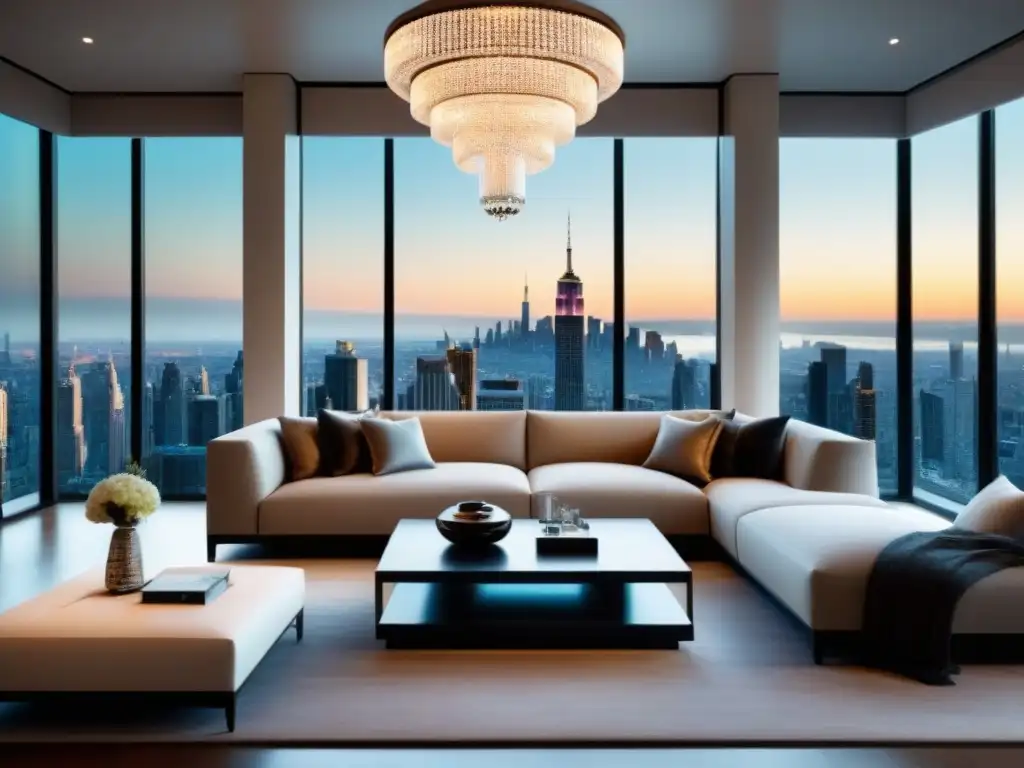 Espectacular sala de estar lujosa en propiedad exclusiva Suntuoso salón moderno de lujo con mobiliario contemporáneo y vista a la ciudad