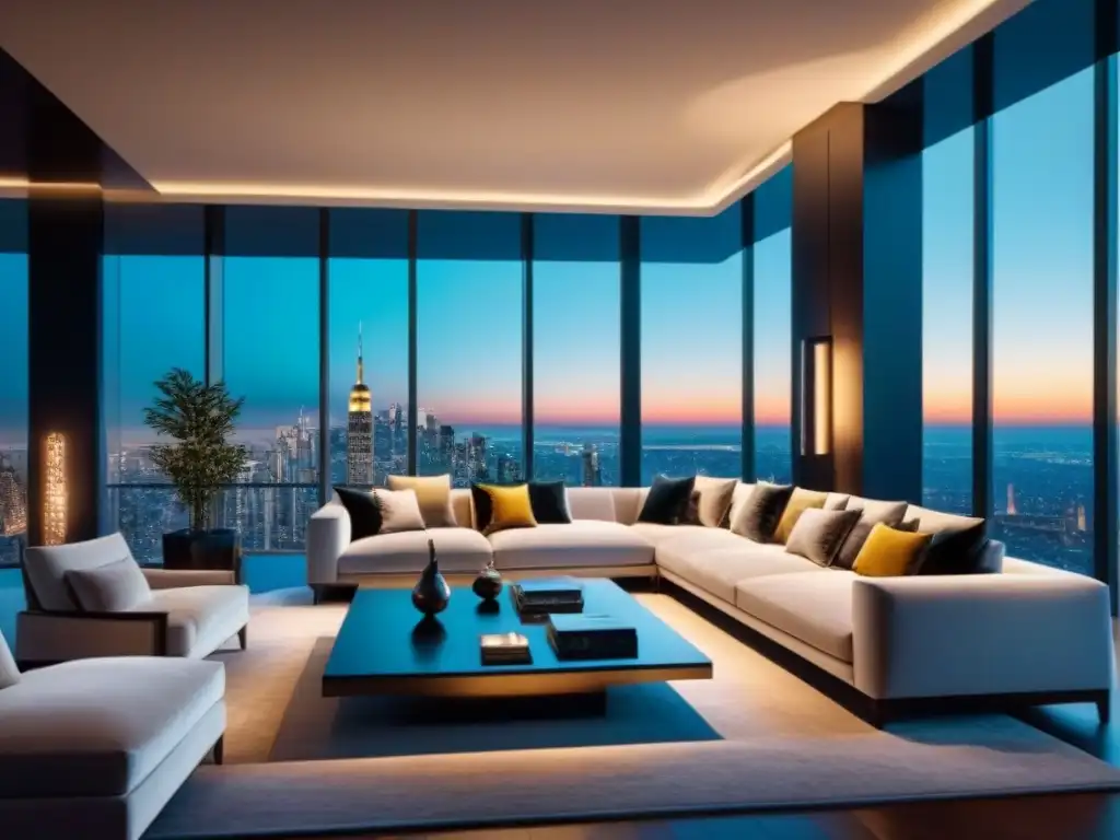 Salón moderno en mansión de lujo con vistas a la ciudad de noche Suntuoso salón moderno en mansión de lujo con vista nocturna de la ciudad, decorado con sofás de terciopelo y arte abstracto
