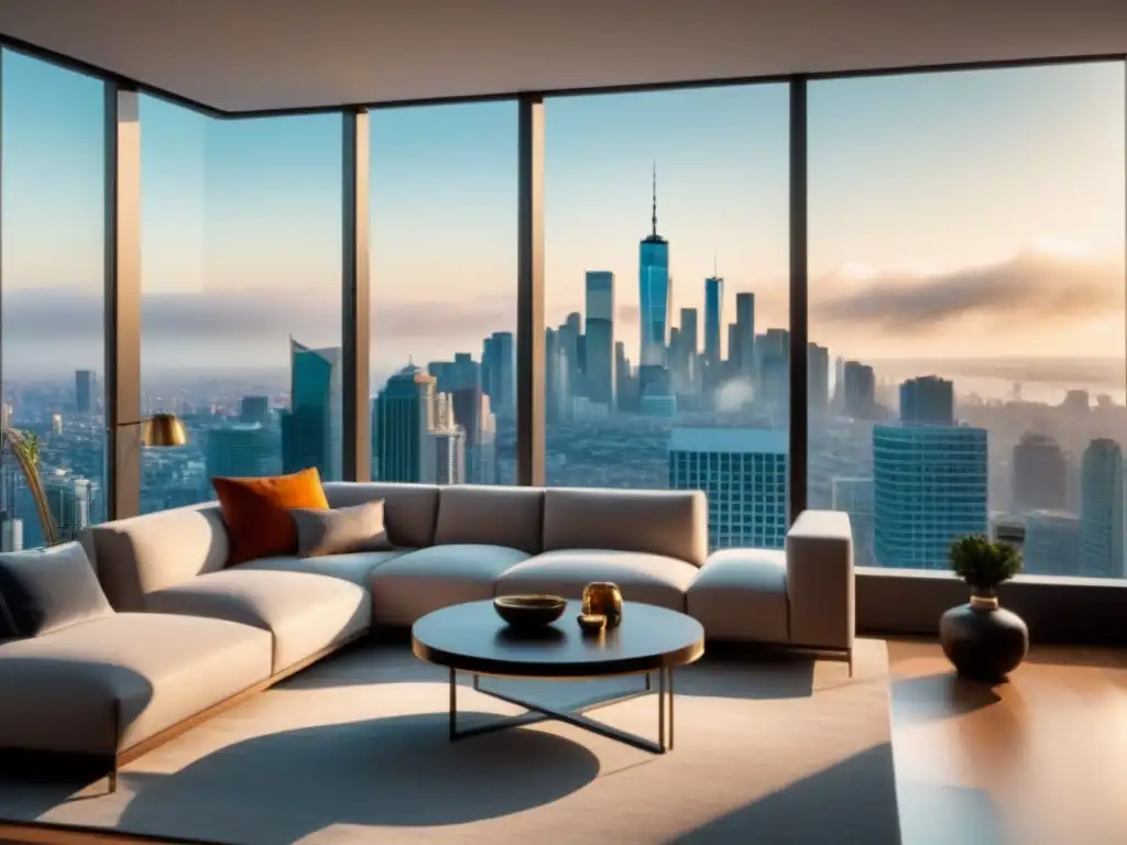 Salón de lujo con vista urbana en propiedad internacional de alta gama Suntuoso salón moderno en propiedad internacional de lujo, con muebles contemporáneos y vista urbana