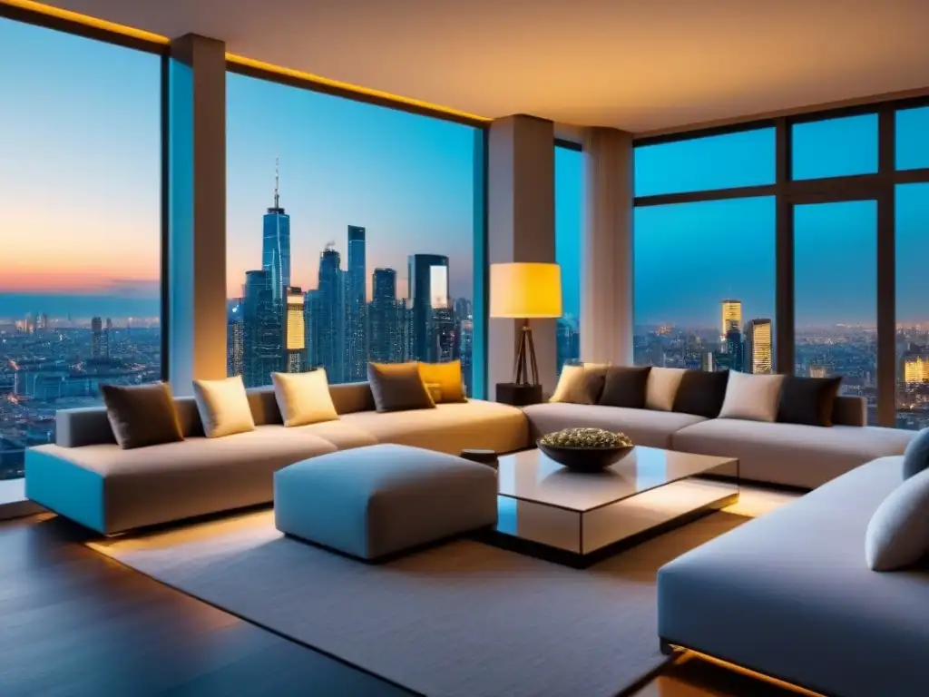 Salón de lujo con vista panorámica nocturna en propiedad exclusiva Suntuoso salón moderno en propiedad de lujo, con mobiliario elegante y vista nocturna de la ciudad