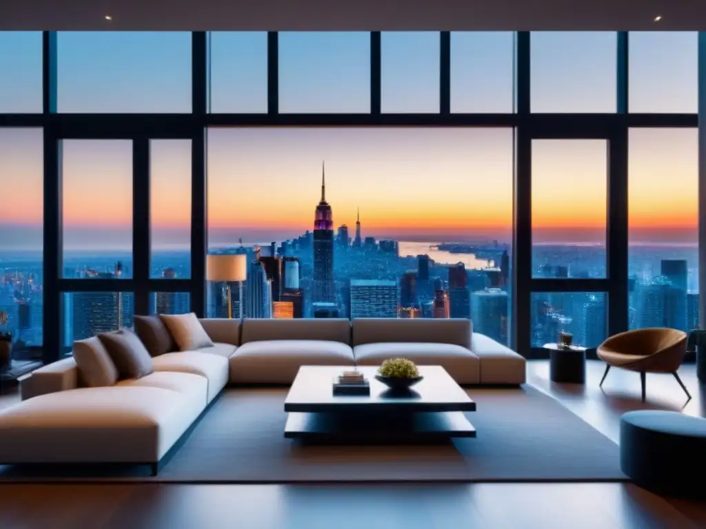 Sala de estar moderna con vista panorámica de la ciudad al atardecer Suntuoso salón moderno con ventanales de piso a techo y vista a la ciudad al atardecer