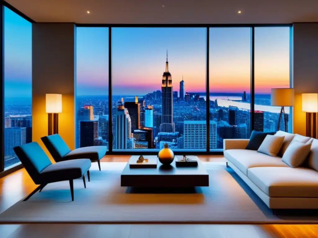 Salón de lujo con vistas urbanas al atardecer Suntuoso salón moderno con vista urbana al atardecer, ideal para narrativa de marca en inmobiliario