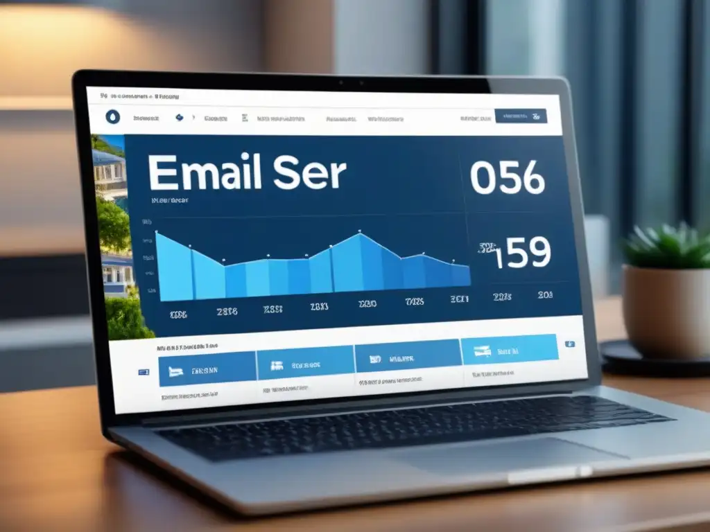 Panel de email marketing para inversores inmobiliarios internacionales Tablero de campaña de email marketing para inversores internacionales en pantalla de computadora, mostrando tendencias del mercado inmobiliario y oportunidades de inversión destacadas en todo el mundo
